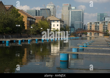 Millwall Dock mit Canary Wharf in den Hintergrund, Isle of Dogs, East London. Stockfoto