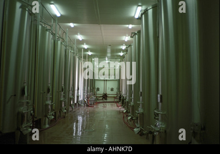 Aus rostfreiem Stahl und Beton Gärung Bottiche in der Kellerei in Domaine Saint Martin De La Garrigue, Montagnac, Coteaux du Languedoc, Languedoc-Roussillon, Frankreich Stockfoto