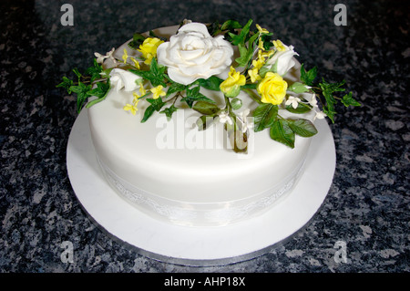 Eine schön gestaltete Hand verziert Geeiste Frucht-Kuchen in einem Studio mit Flash-Design von Pam Hannon Stockfoto