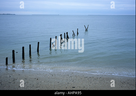 Ruhiges Meer mit alten Pier entlang Strand Connecticut Usa Seestück Stockfoto