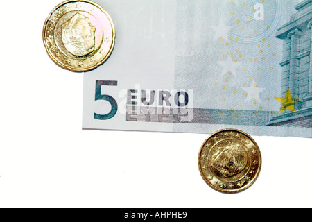 Die Wörter 5 Euro wie in der unteren linken Ecke der Banknote zu sehen. Stockfoto