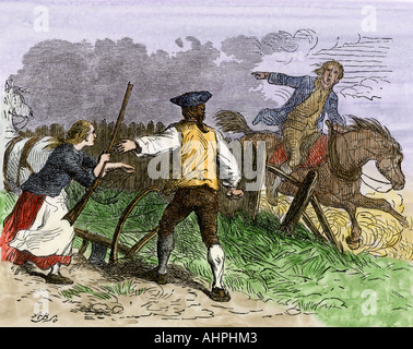 Reiter Warnung Minutemen der Britischen marschieren nach Lexington 1775 Beginn des revolutionären Krieges. Hand - farbige Holzschnitt Stockfoto