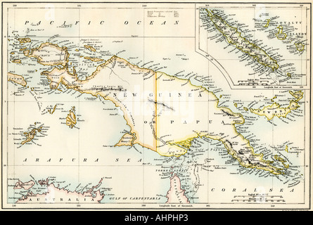 Map of Papua New Guinea and New Caledonia 1870s. Color lithograph Stockfoto