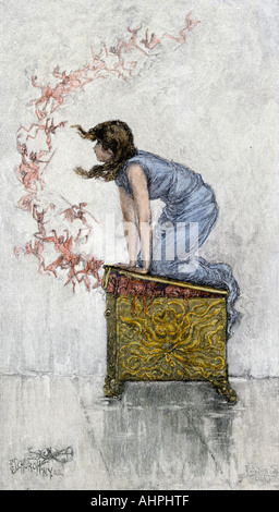 Pandora auf dem eröffnet, der Übel aus der griechischen Mythologie. Hand - farbige Holzschnitt Stockfoto