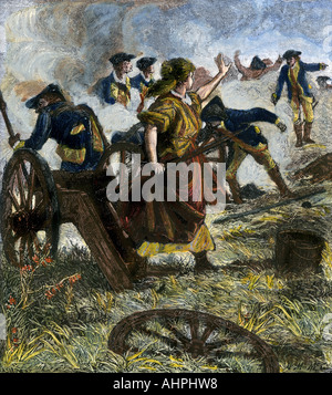 Molly Pitcher die Kanone Ihrer gefallenen Mann Brennen bei der Schlacht von Monmouth revolutionären Krieg 1778. Hand - farbige Holzschnitt Stockfoto