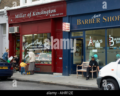 Stratford Straße Geschäfte Fleischmarkt und Barber shop London England UK Stockfoto