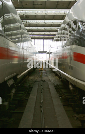 zwei ICE-Züge auf der Plattform am Hauptbahnhof München Bayern Deutschland Stockfoto