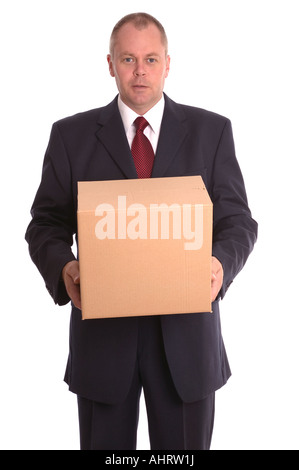 Geschäftsmann hält eine Kartonverpackung Stockfoto