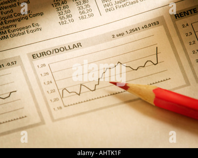 Euro gegen Dollar Wechselkurs Graph in Zeitung mit roter Buntstift Stockfoto