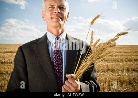 Geschäftsmann in einem Weizenfeld mit Weizen. Stockfoto