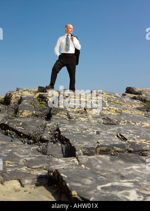 Geschäftsmann auf Felsen steht. Stockfoto