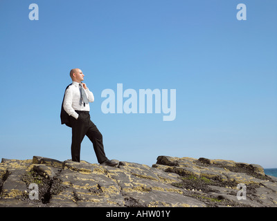 Geschäftsmann auf Felsen steht. Stockfoto