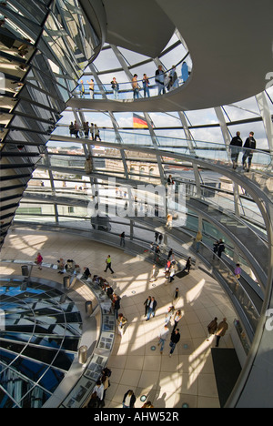 Vertikale Weitwinkel der Spirale Gehweg und Mittelsäule in Sir Norman Foster Glaskuppel auf dem Reichstag. Stockfoto