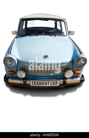 Vertikale Ansicht von einem Trabant Oldtimer aka Trabbi oder Trabi, auf einem weißen Hintergrund. Stockfoto