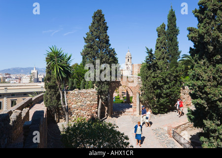 Malaga Costa del Sol Spanien Gärten in der Alcazaba mit Malaga Kathedrale Hintergrund Stockfoto