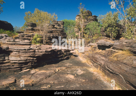 Sandstein-Wald von geschichteten Formationen am Ubirr Kakadu Nationalpark Northern Territory Australien Stockfoto