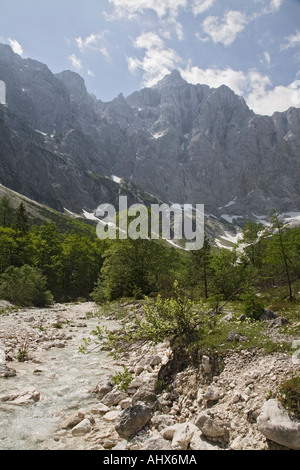 Bistrica Vrata Fluss im Tal mit den Berg Triglav Nordwand Gipfel über im Triglav Nationalpark in den Julischen Alpen in Slowenien Stockfoto