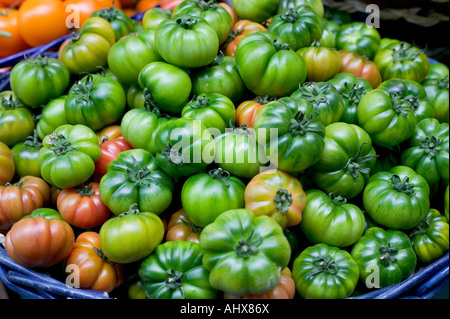 Nahaufnahme von einer Schüssel von grünen Tomaten an London Borough market Stockfoto