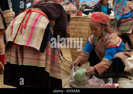 Frauen aus der Flower Hmong Hill Trlbe, Cancau Markt in der Nähe von Sapa, Vietnam Stockfoto