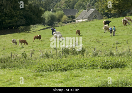 Wanderer und Rinder durch das 13. Jahrhundert mittelalterliche Kirche St. Oswald, Widford, Oxfordshire, Vereinigtes Königreich. Stockfoto