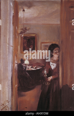 "Fine Arts, Menzel, Adolph Friedrich (1815-1905), Malerei,"Wohnzimmer mit Künstler-Schwester", 1847, Öl auf Papier, Neue Stockfoto