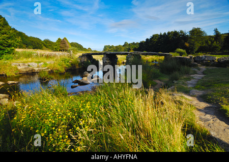 Die alten 1880 Brücke über den East Dart River bei Postbridge in Dartmoor Devon, England. Stockfoto