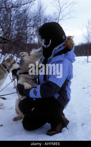 Musher mit husky Hund Lappland nördlichen Schweden Musher mit husky Hund Lappland Nordschweden Stockfoto