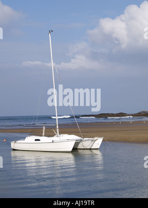 Weißen Katamaran am Summerleaze Beach, Segel nach unten. Stockfoto