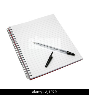 Leeres Notizbuch und Stift isoliert auf weiß mit detaillierten Beschneidungspfad einschließlich der Spiralen Stockfoto