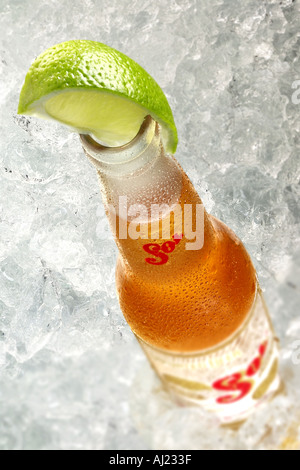 FLASCHE BIER MIT EINEM KALK IN DER SPITZE SITZT AUF DEM EIS Stockfoto