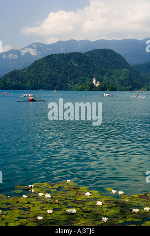 Die schöne Umgebung des Lake Bled, Slowenien, ist ein Ort für internationale Ruder-Wettbewerbe Stockfoto