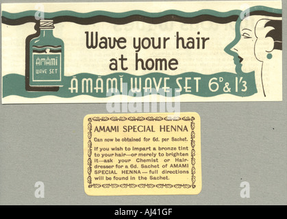 Amami Welle gesetzt, Broschüre und Henna spülen Label 1920 Stockfoto