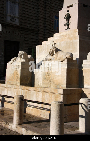 Geschnitzten steinernen Löwen-Brunnen, Piazza Frederico 11 in der mittelalterlichen Stadt Jesi, Le Marche Italien Stockfoto