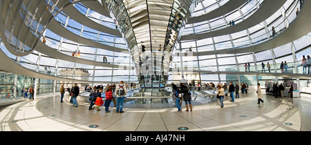 2 Bild Stich Panoramablick auf Touristen im Inneren der Kuppel auf dem Reichstag - Gebäude des deutschen Parlaments. Stockfoto