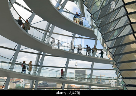 Eine Weitwinkelaufnahme des Touristen auf dem Gehweg im Inneren der Kuppel auf dem Reichstag - Gebäude des deutschen Parlaments. Stockfoto