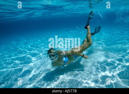 Grand Cayman Sandbar unter Wasser Schnorcheln im blauen Bikini auf Grund Stockfoto