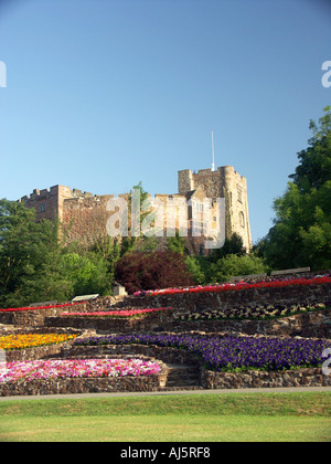 Tamworth Castle steht was die Hauptstadt des alten Königreichs Mercia einst. Rasenflächen und Blumenbeeten im Sommer. Stockfoto