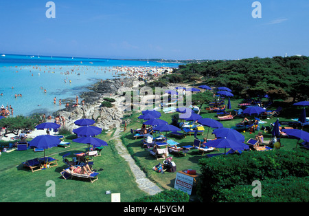 Blick über den Strand Spiaggia della Pelosa La Torre Pelosa im Hintergrund La Nurra Stintino Sardinien Italien Stockfoto