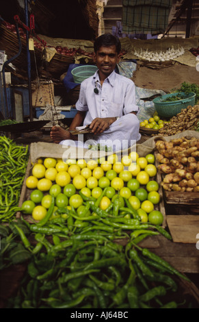 Kreditor an Obst und Gemüse Stall in Ahmedabad Altmarkt warten auf Kunden Stockfoto