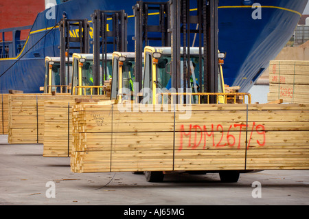 Import von Holz in das Vereinigte Königreich: Gabelstapler transportieren Holz auf Shoreham Dockside. Bild von Jim Holden. Stockfoto