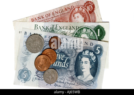 Alte englische Banknoten und Münzen aus den Sechzigern und Siebzigern. Stockfoto