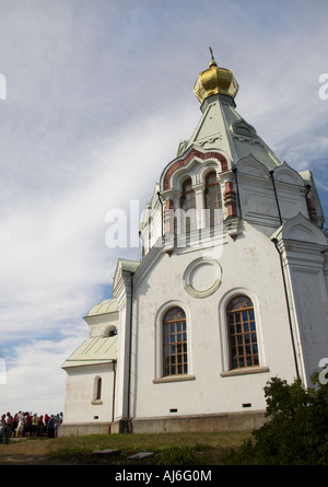 Pilger in die Kirche Saint-Nicolas, Valaam, Russland Stockfoto