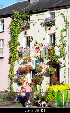 Farbenfrohen viktorianischen Reihenhaus in Abergavenny Monmouthshire Wales UK GB Frau und Hund vorbeigehen Stockfoto