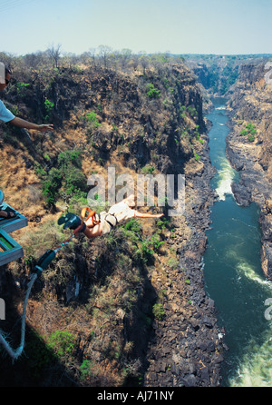 Ein junger weißer Mann-Bungee-Jumping von der Brücke in Viktoriafälle, Simbabwe Stockfoto