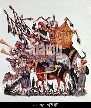 Standardträger, Trommler und Trompeter eines Sarazenen Armee, aus dem 13. Jahrhundert. Artist: Unbekannt Stockfoto