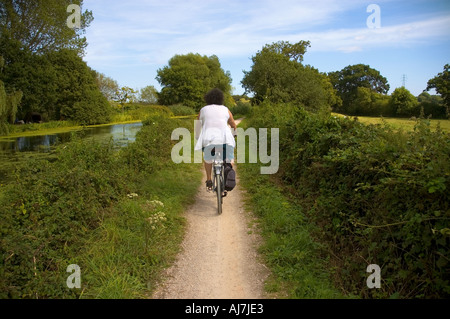 Eine Frau Zyklen entlang der Leinpfad von Exeter Kanal, Exeter, Devon, UK. Stockfoto