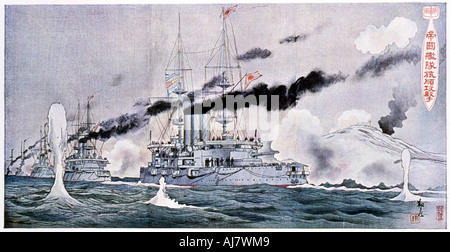 Japanese naval Squadron dampfenden Port Arthur, Russisch-Japanischen Krieg 1904-1905 zu bombardieren. Artist: Unbekannt Stockfoto