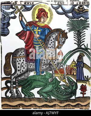 St George, montiert auf einem gefleckten Pferd, tötet den Drachen, 19. Artist: Anon Stockfoto