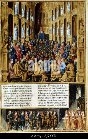 Papst Urban II., den Vorsitz über den Rat von Clermont, Frankreich, 1095 (c 1490). Artist: Unbekannt Stockfoto