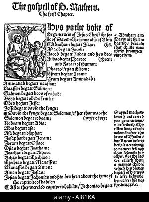Erste Seite des Matthäusevangeliums von William Tyndales Englisch Neue Testament, 1525. Artist: Unbekannt Stockfoto